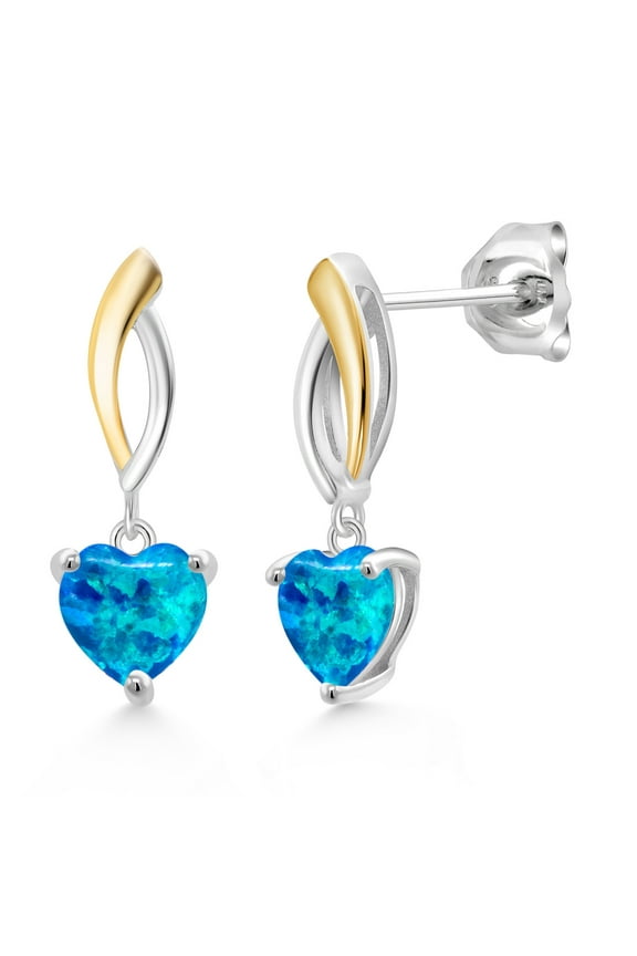 925 Sterling Silver and 10K Yellow Gold Blue Opal Dangle Earrings for Women (1.50 Cttw, Gemstone October Birthstone, Heart Shape 6MM)