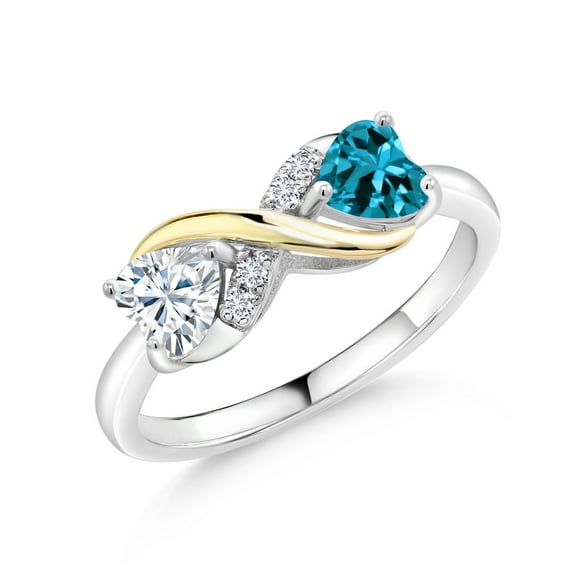 Gem Stone King 925 Sterling Silver and 10K Yellow Gold London Blue Topaz and White Moissanite Ring (1.01 Cttw, Available in Size 5, 6, 7, 8, 9)