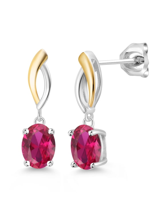 925 Sterling Silver and 10K Yellow Gold Red Created Ruby Dangle Earrings for Women (2.70 Cttw, Oval 8X6MM)