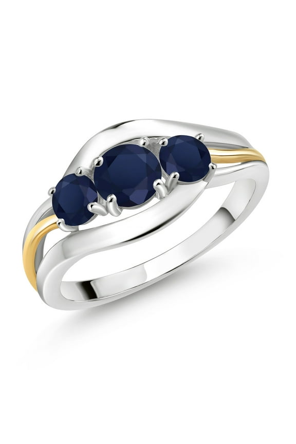 925 Sterling Silver and 10K Yellow Gold Round Blue Sapphire 3 Stone Ring for Women (1.30 Cttw, Size 6)