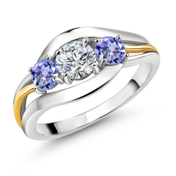 Gem Stone King 925 Sterling Silver and 10K Yellow Gold Round White Lab Grown Diamond and Blue Tanzanite 3 Stone Ring for Women (1.10 Cttw, Size 5)