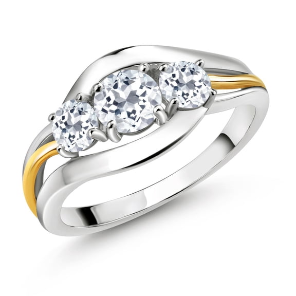 Gem Stone King 1.26 Cttw Round White Topaz 3 Stone Ring for Women | 925 Sterling Silver and 10K Yellow Gold | Three Stone Wedding Engagement Anniversary Promise Ring for Women | Size 7