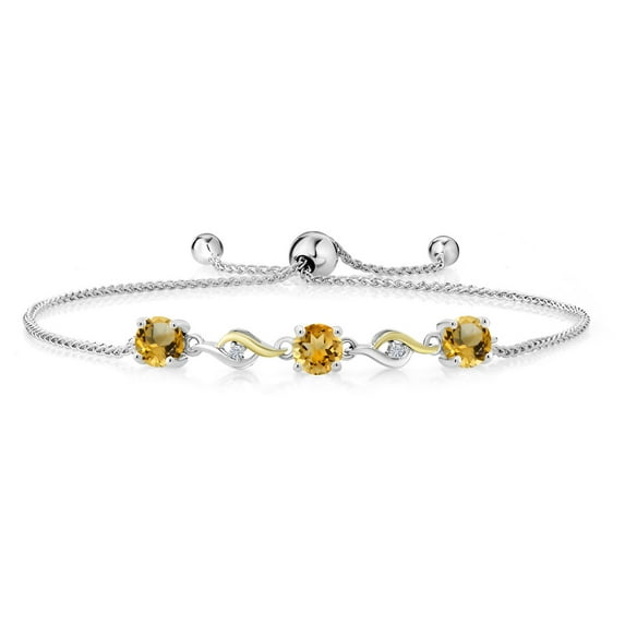 Gem Stone King 925 Sterling Silver and 10K Yellow Gold Round Yellow Citrine and White Moissanite Women Tennis Bracelet (2.20 Cttw, Round 5MM)