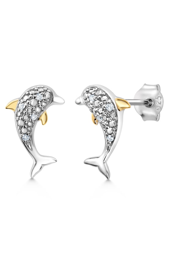 White Lab Grown Diamond Dolphin Stud Earrings for Women | 925 Sterling Silver and 10K Yellow Gold | Animal Earrings for Women | 14X10MM