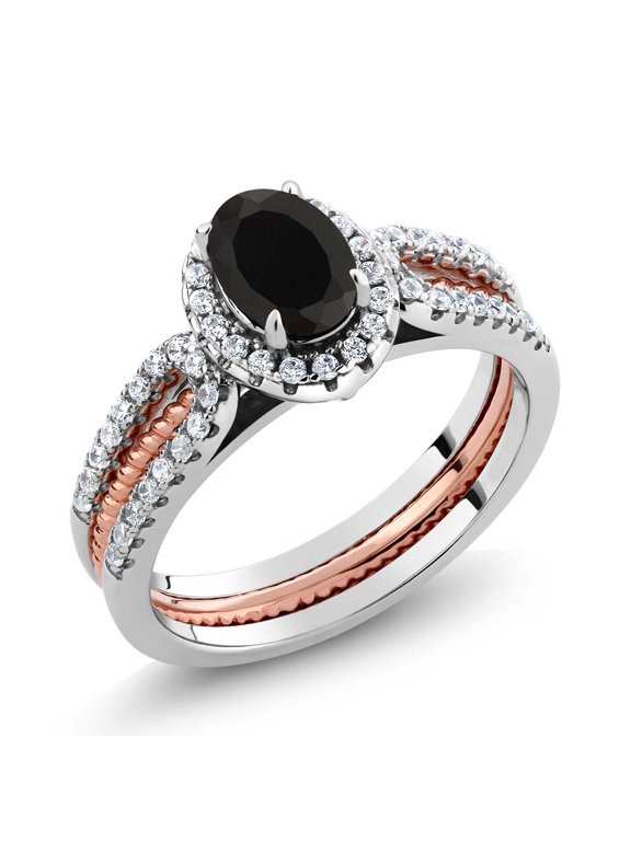 1.42 Cttw Black Onyx Wedding Band Engagement Insert Stackable Ring for Women | 925 Two-Tone Sterling Silver | Oval 7X5MM | Gemstone December Birthstone (Size 6)