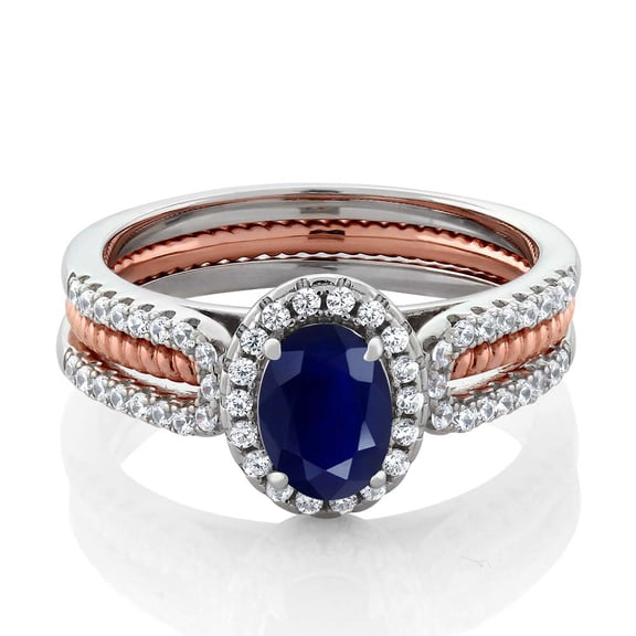 Gem Stone King 925 Two-Tone Sterling Silver Blue Sapphire Women's Wedding Band Engagement Insert Stackable Ring (1.64 Cttw, Oval 7X5MM, Gemstone Birthstone, Size 5)