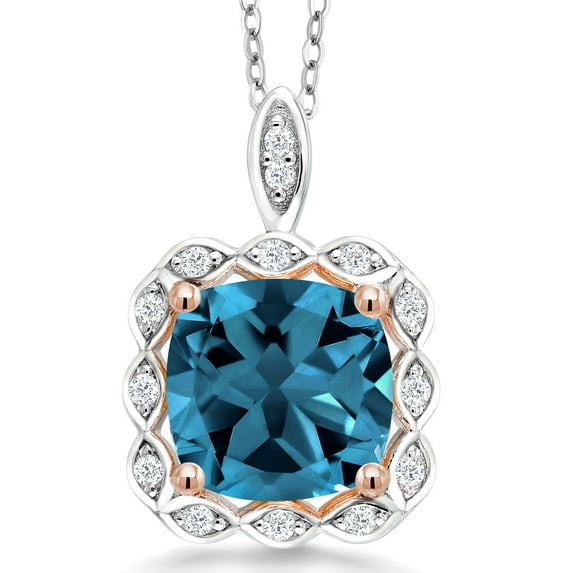 Gem Stone King 925 Two Tone Sterling Silver London Blue Topaz Pendant Necklace for Women (5.37 Cttw, Gemstone Birthstone, with 18 inch Chain)