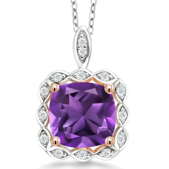 Gem Stone King 925 Two Tone Sterling Silver Purple Amethyst Pendant Necklace for Women (3.17 Cttw, Cushion 10MM, Gemstone Birthstone, with 18 inch Chain)