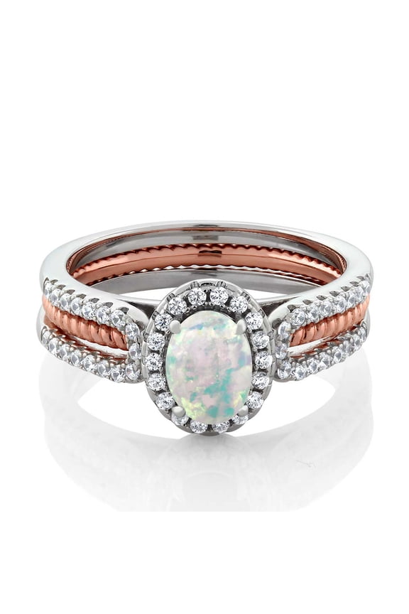 1.25 Cttw Simulated White Opal Wedding Band Engagement Insert Stackable Ring for Women | 925 Two-Tone Sterling Silver | Gemstone October Birthstone | Oval Cabochon 7X5MM | Size 9