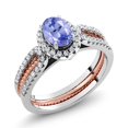 thumbnail image 1 of Gem Stone King 925 Two-Tone Sterling Silver Tanzanite Women Wedding Band Insert Stackable Ring (1.44 Ct Oval, Size 8), 1 of 3