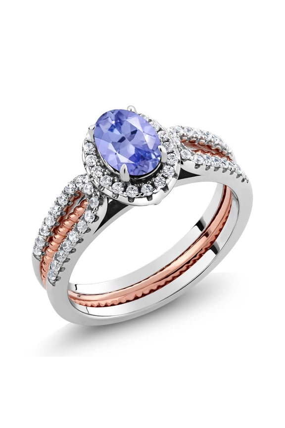 925 Two-Tone Sterling Silver Tanzanite Women Wedding Band Insert Stackable Ring (1.44 Ct Oval, Size 9)