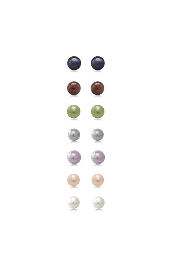 A Set Of 7 Pairs Of 7mm Cultured Freshwater Pearl Stud Earrings Set in 925 Sterling Silver