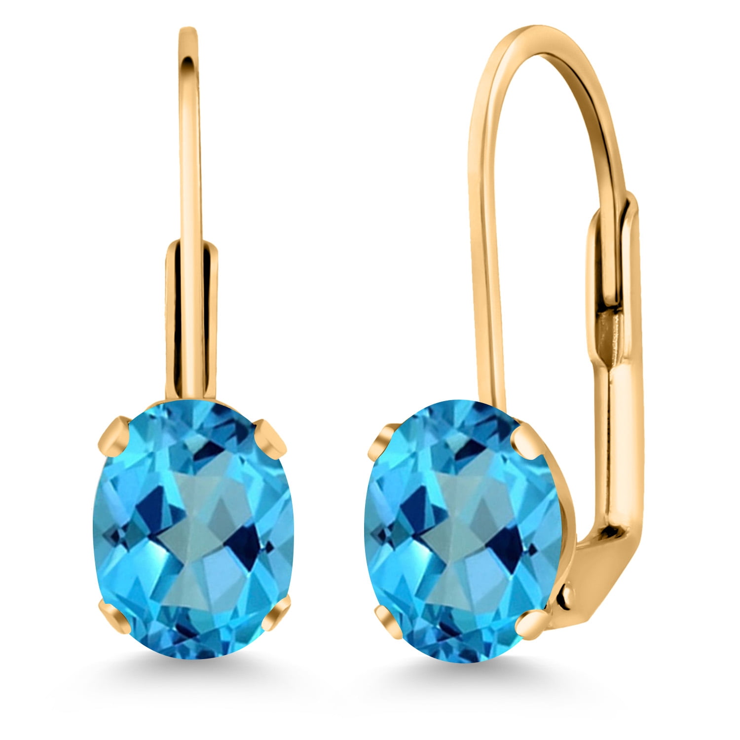 Gem Stone King American Blue Mystic Topaz Yellow Gold Plated Leverback Earrings for Women (2.00 Cttw, Gemstone Birthstone, Oval 7X5MM)