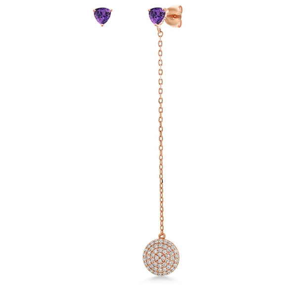 Gem Stone King Asymmetrical Purple Amethyst Drop Chain Earrings for Women in 18K Rose Gold Plated Silver | 1.00 Cttw | February Birthstone | Trillion Cut 4MM | Mismatched Dangle Earrings