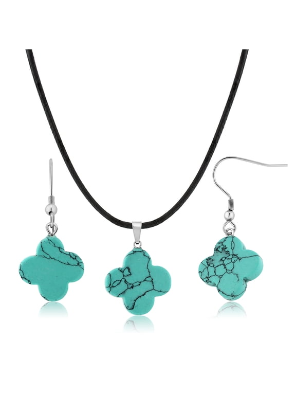 Beautiful Clover Shape Simulated Turquoise Pendant Set Matching Simulated Turquoise Earrings Jewelry Set