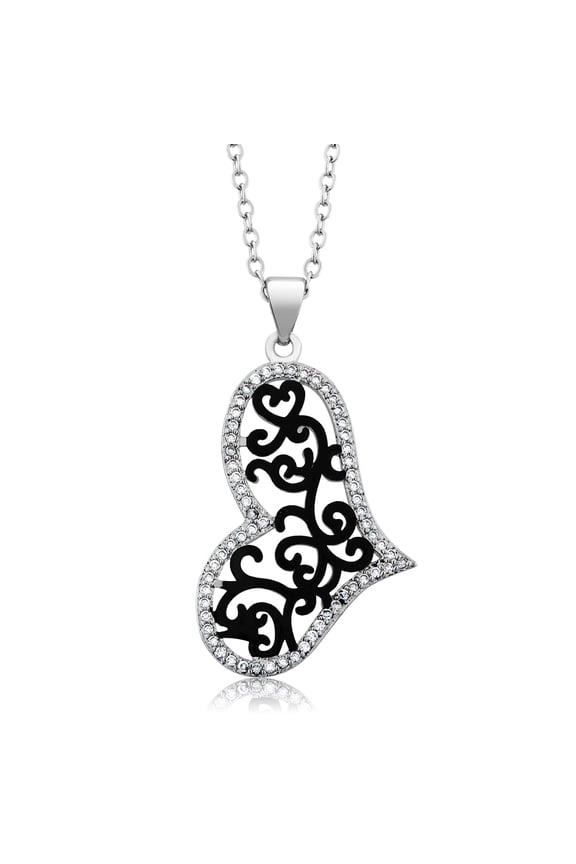 Beautiful Heart Shape Filigree Pendant With White CZ on 18" Chain