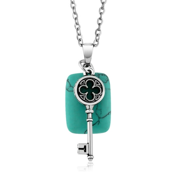 Gem Stone King Beautiful Rectangle Shape  Simulated Turquoise  Pendant With Key Charm On 18" Chain