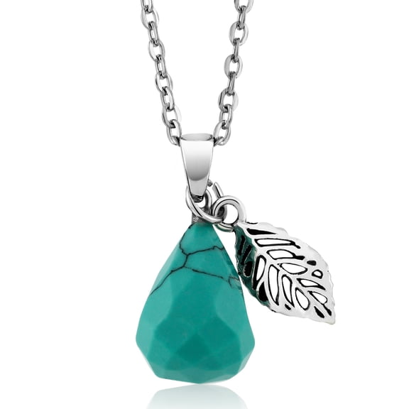 Gem Stone King Beautiful Simulated Turquoise Pendant With Leaf Charm On 18 inch Chain