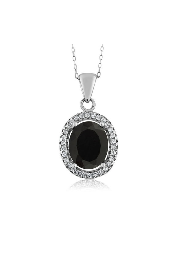 Black Onyx 925 Sterling Silver Gemstone Pendant Necklace for Women (3.40 Ct Oval, with 18 inch Silver Chain)