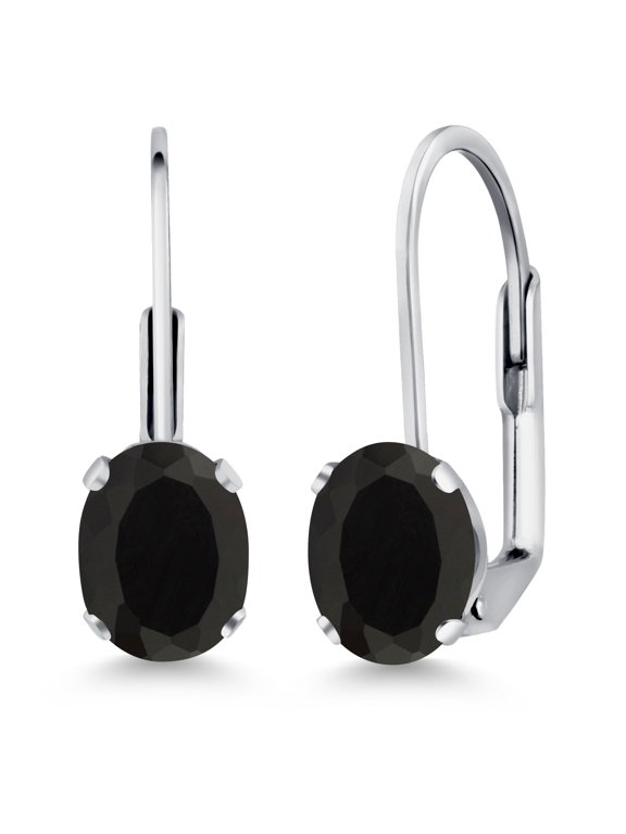 Black Onyx Rhodium Plated Leverback Earrings for Women (1.40 Cttw, Gemstone December Birthstone, Oval 7X5MM)