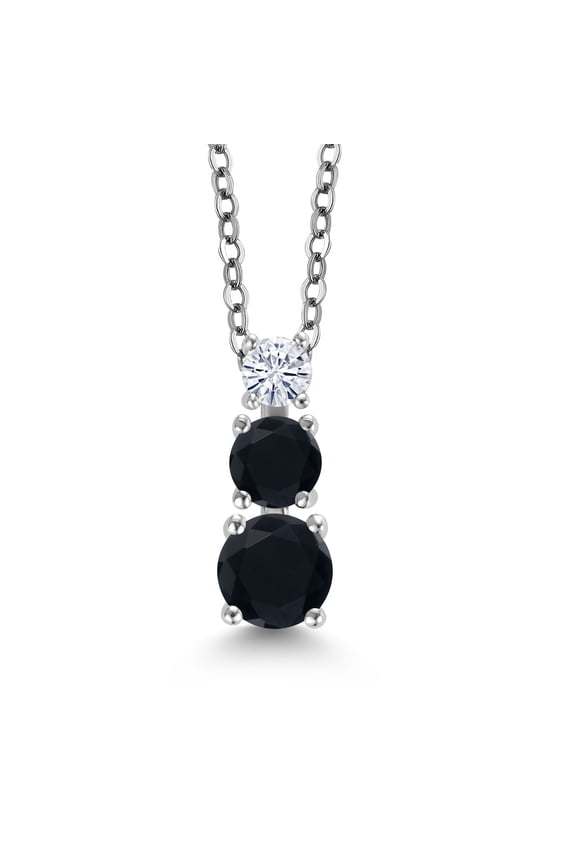 Black Onyx and White Moissanite 3 Stone Pendant Necklace for Women (0.80 Cttw, Gemstone Birthstone, Round 5Mm, 4Mm and 3Mm, With 18 inch Chain)