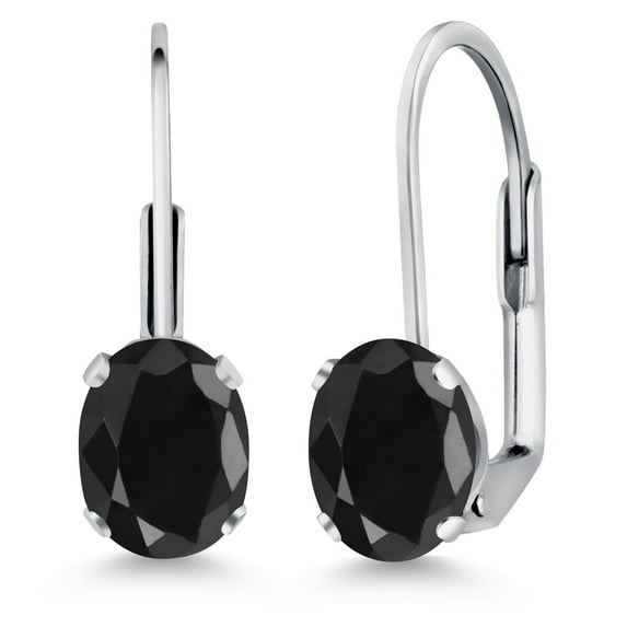 Gem Stone King Black Sapphire Rhodium Plated Leverback Earrings for Women (2.20 Cttw, Gemstone September Birthstone, Oval 7X5MM)