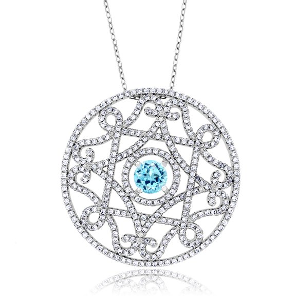 Gem Stone King Blue Apatite Filigree Pendant Necklace for Women | 2.02 Cttw | Round 6MM | Gemstone Birthstone | Length: 1.5 inch | Center: 6MM | with 18 inch Chain