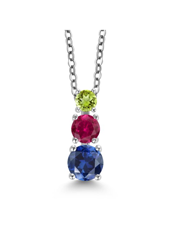 Blue Created Sapphire Red Created Ruby Green Peridot 3 Stone Pendant Necklace for Women (0.97 cttw, Gemstone Birthstone, Round 5MM, 4MM and 3MM, with 18 inch Chain)