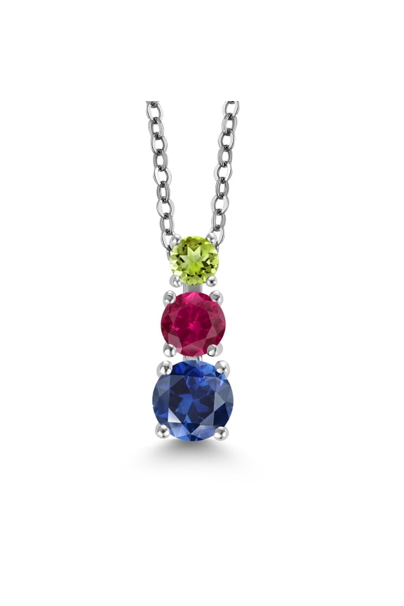 Blue Created Sapphire Red Created Ruby Green Peridot 3 Stone Pendant Necklace for Women (0.97 cttw, Gemstone Birthstone, Round 5MM, 4MM and 3MM, with 18 inch Chain)