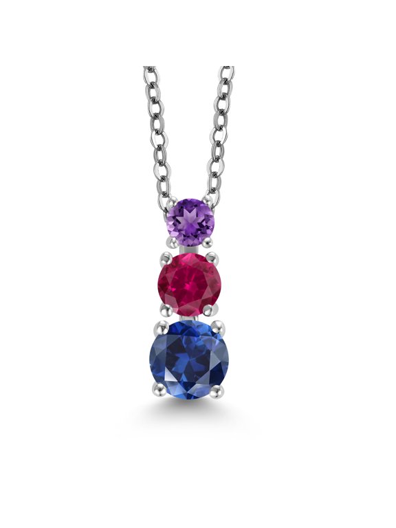 Blue Created Sapphire Red Created Ruby Purple Amethyst 3 Stone Pendant Necklace for Women (0.95 cttw, Gemstone Birthstone, Round 5MM, 4MM and 3MM, with 18 inch Chain)