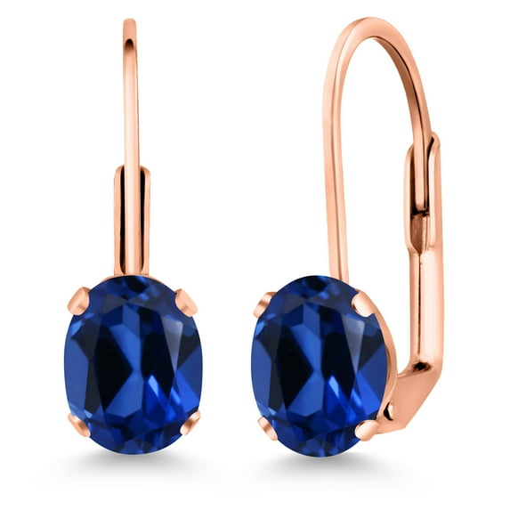 Gem Stone King Blue Created Sapphire Rose Gold Plated Leverback Earrings for Women (2.00 Cttw, Gemstone September Birthstone, Oval 7X5MM)