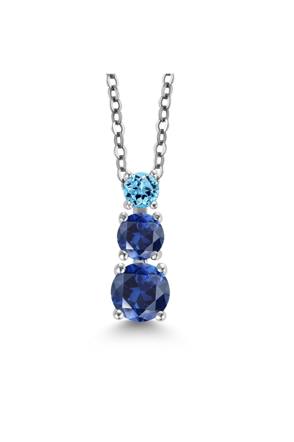Blue Created Sapphire and Swiss Blue Topaz 3 Stone Pendant Necklace for Women (1.00 Cttw, Gemstone Birthstone, Round 5Mm, 4Mm and 3Mm, With 18 inch Chain)