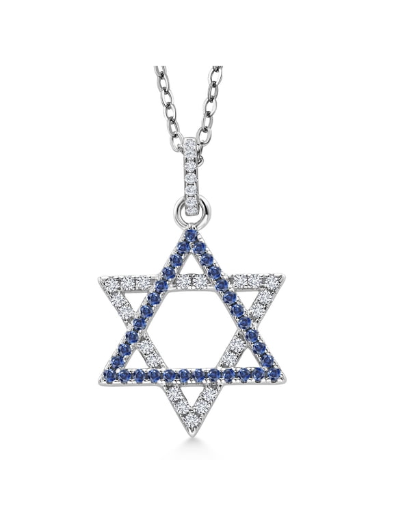 Blue Created Sapphire and White Moissanite Star Of David Pendant Necklace for Women | 925 Sterling Silver | 0.55 Cttw | 16X16MM | With 18 inch Chain