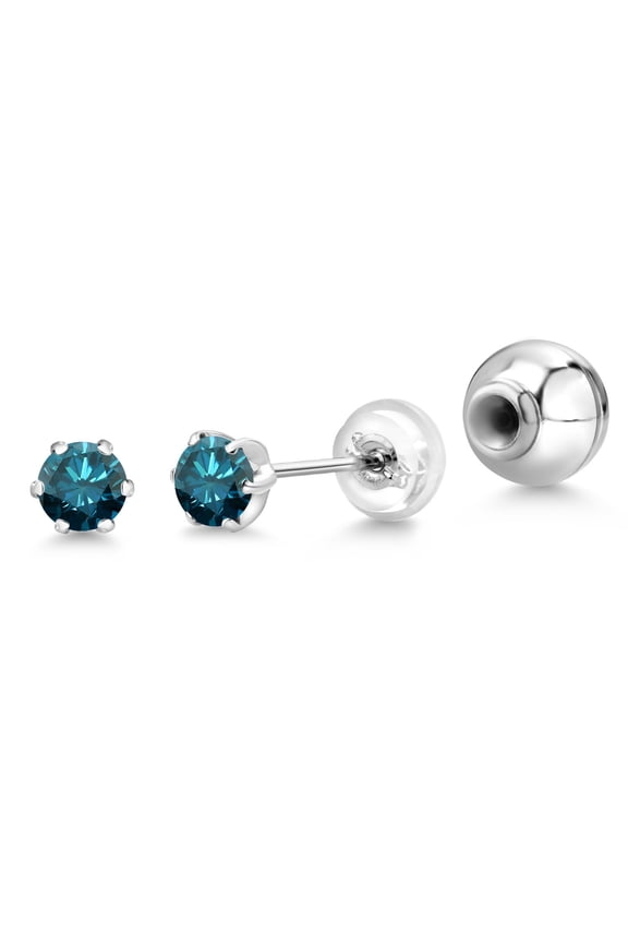 Blue Diamond Platinum Stud Earrings for Women Men | 0.20 Cttw | Gemstone April Birthstone | Round 3MM