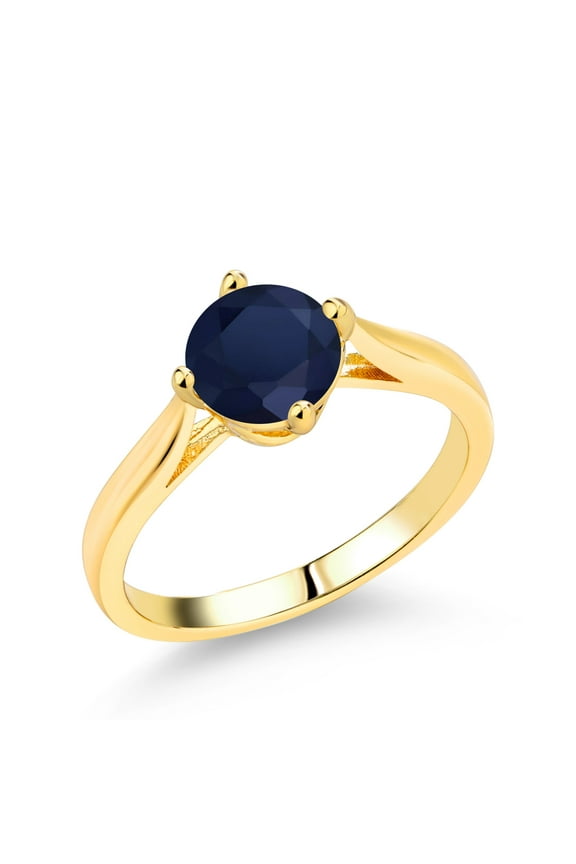 1.00 Cttw Blue Sapphire Yellow Gold Plated Solitaire Ring for Women | Round 6MM | Gemstone Birthstone | Size 8