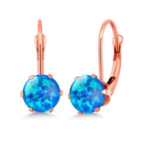 Gem Stone King Simulated Blue Opal Leverback Earrings for Women (0.60 Cttw, Gemstone October Birthstone, Round Cabochon 6MM)