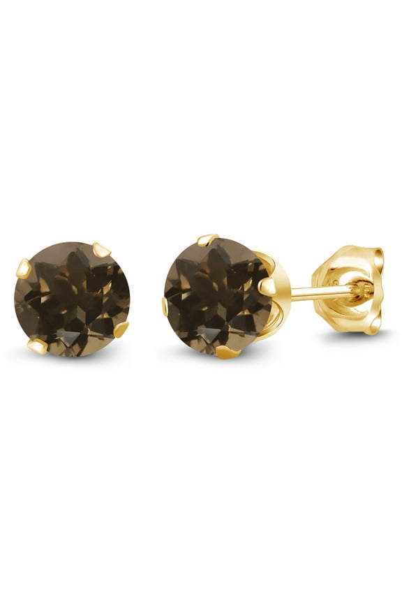 Brown Smoky Quartz 18K Yellow Gold Plated Silver Stud Earrings for Women Men | 0.92 Cttw | Round 5MM