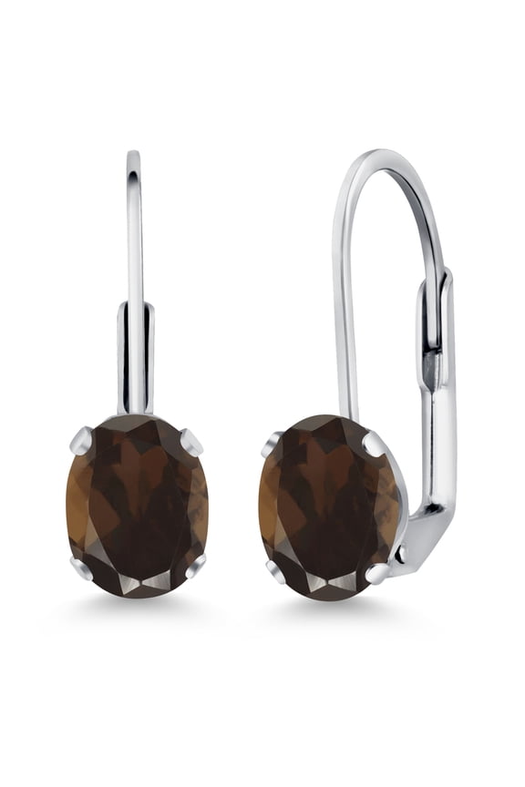 Brown Smoky Quartz Rhodium Plated Leverback Earrings for Women (1.50 Cttw, Gemstone Birthstone, Oval 7X5MM)