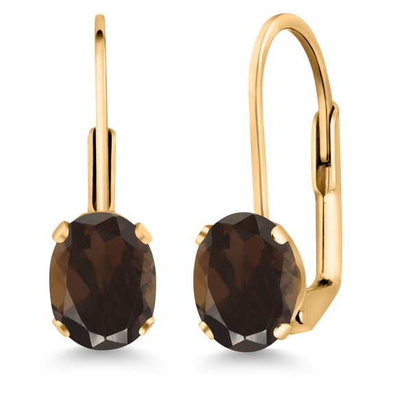 Gem Stone King Brown Smoky Quartz Yellow Gold Plated Leverback Earrings for Women (1.50 Cttw, Gemstone Birthstone, Oval 7X5MM)