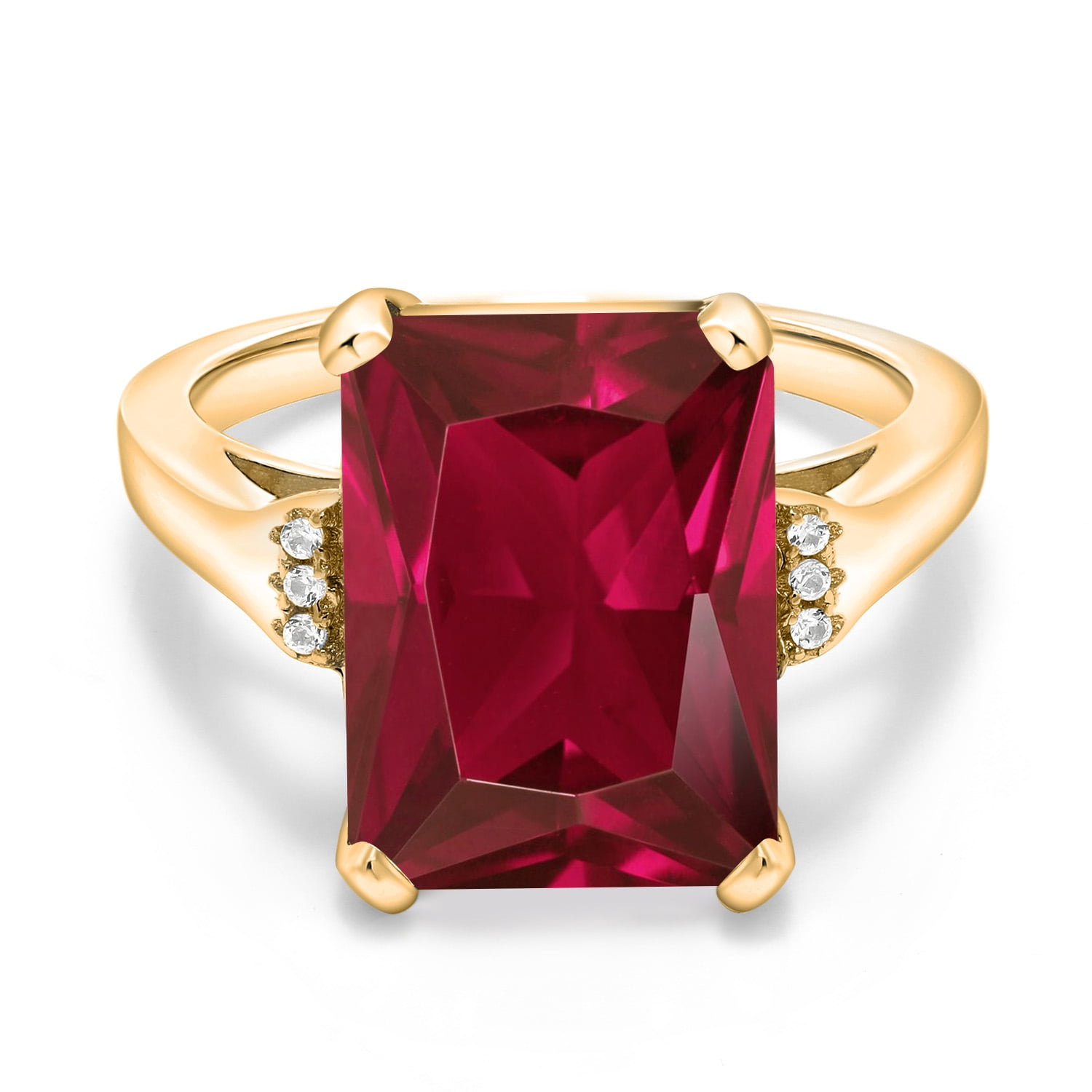 Gem Stone King 5.07 Cttw Red Created Ruby Engagement Ring for Women | 18K Yellow Gold Plated Silver| Emerald Cut 14X10MM | Gemstone July Birthstone | Size 8