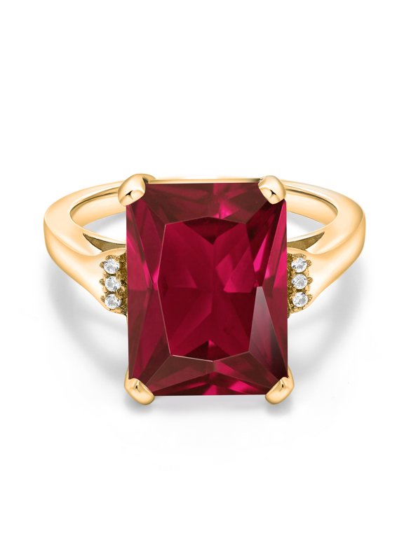 5.07 Cttw Red Created Ruby Engagement Ring for Women | 18K Yellow Gold Plated Silver| Emerald Cut 14X10MM | Gemstone July Birthstone | Size 5