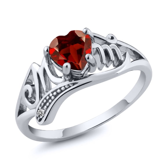 Gem Stone King Garnet and Diamond Mother's Day MOM Ring for Women | 925 Sterling Silver | 0.91 Cttw | Heart Shape 6MM | Gemstone Birthstone | Available in Size 5, 6, 7, 8, 9