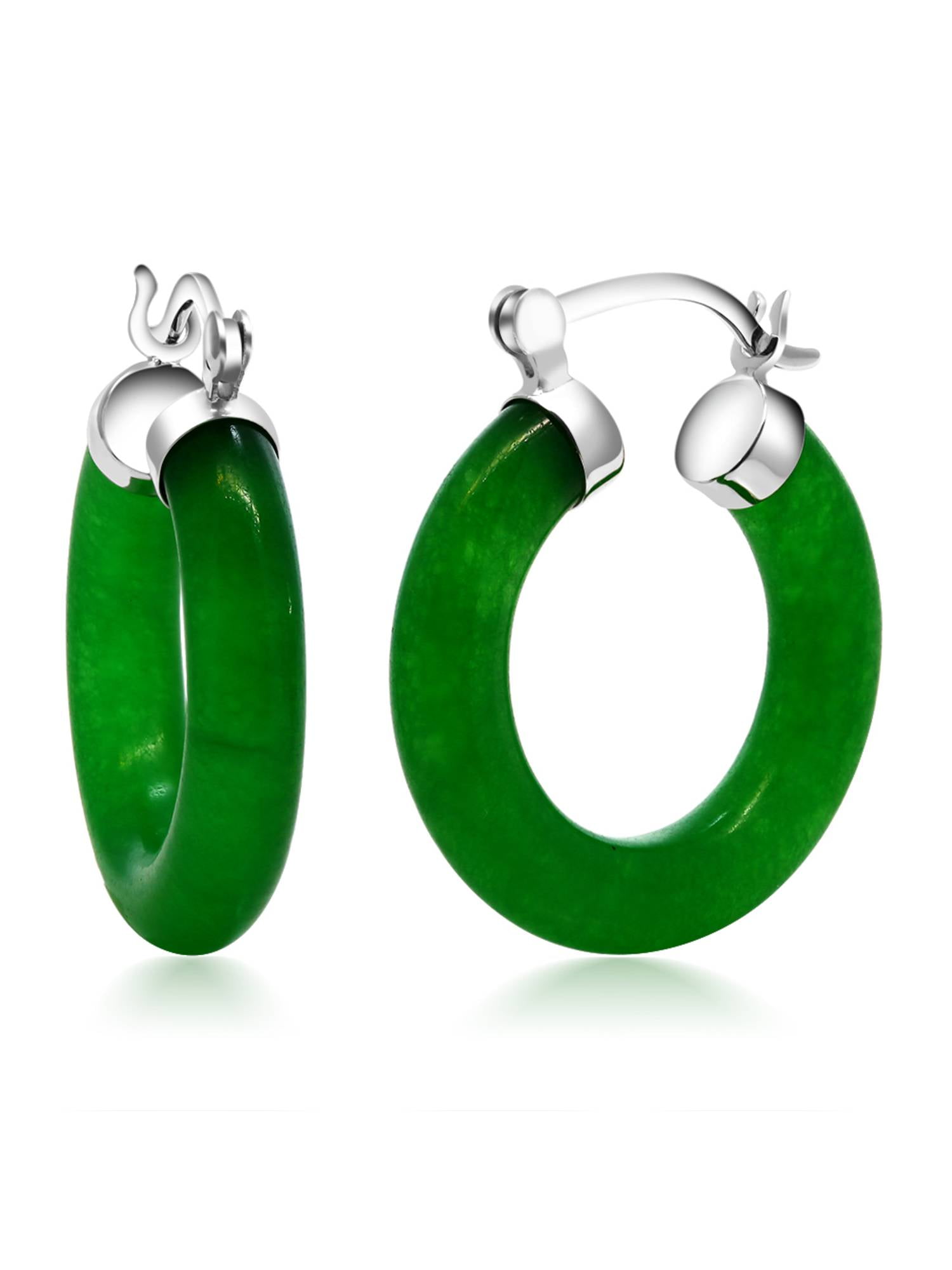 Gem Stone King Green Jade Hoop Earrings | 925 Sterling Silver | 1/2 inch Diameter | Classic Hoop Earrings With Hinge and Notched Post
