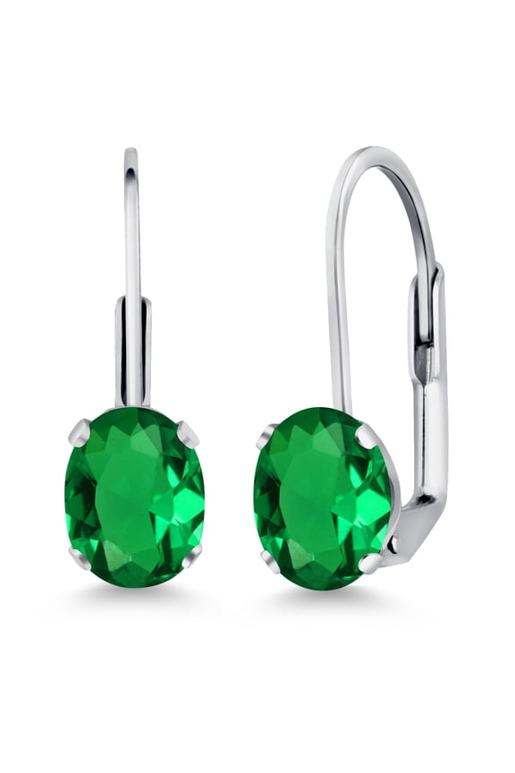 Green Nano Emerald Rhodium Plated Leverback Earrings for Women (1.20 Cttw, Gemstone May Birthstone, Oval 7X5MM)