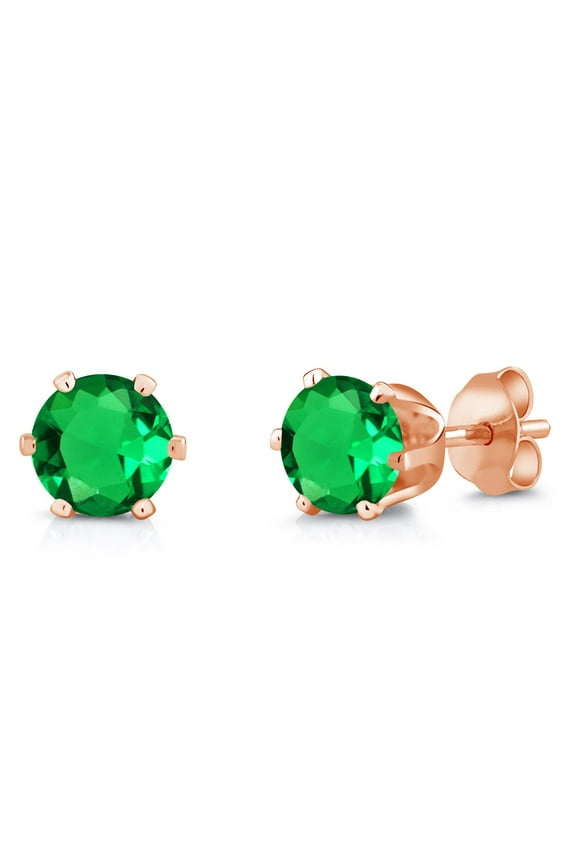 Green Nano Emerald Rose Gold Plated Stud Earrings for Women Men | 1.54 Cttw | Gemstone May Birthstone | Round 6MM