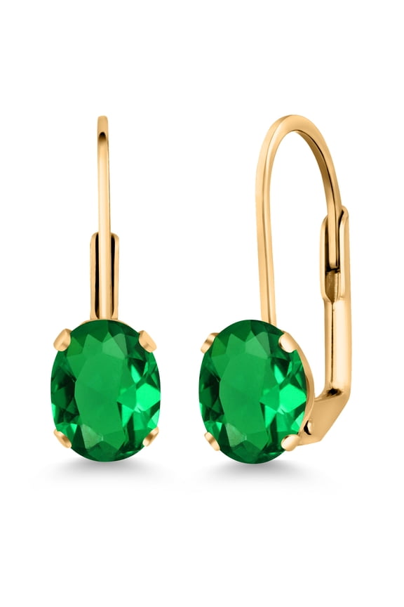 Green Nano Emerald Yellow Gold Plated Leverback Earrings for Women (1.20 Cttw, Gemstone May Birthstone, Oval 7X5MM)
