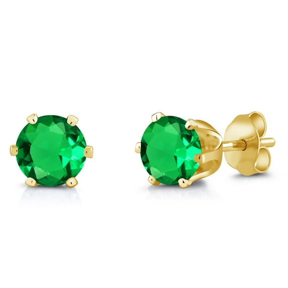 Gem Stone King Green Nano Emerald Yellow Gold Plated Stud Earrings for Women Men | 1.54 Cttw | Gemstone May Birthstone | Round 6MM
