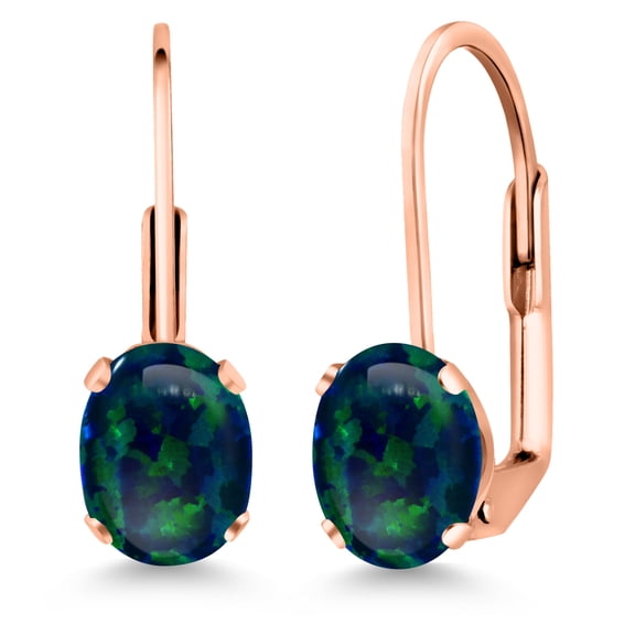 Gem Stone King Green Opal Rose Gold Plated Leverback Earrings for Women (1.26 Cttw, Gemstone October Birthstone, Oval Cabochon 7X5MM)