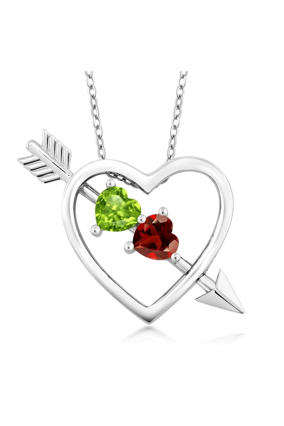 Green Peridot Red Garnet 1.05 Ct 925 Sterling Silver Heart and Arrow Pendant