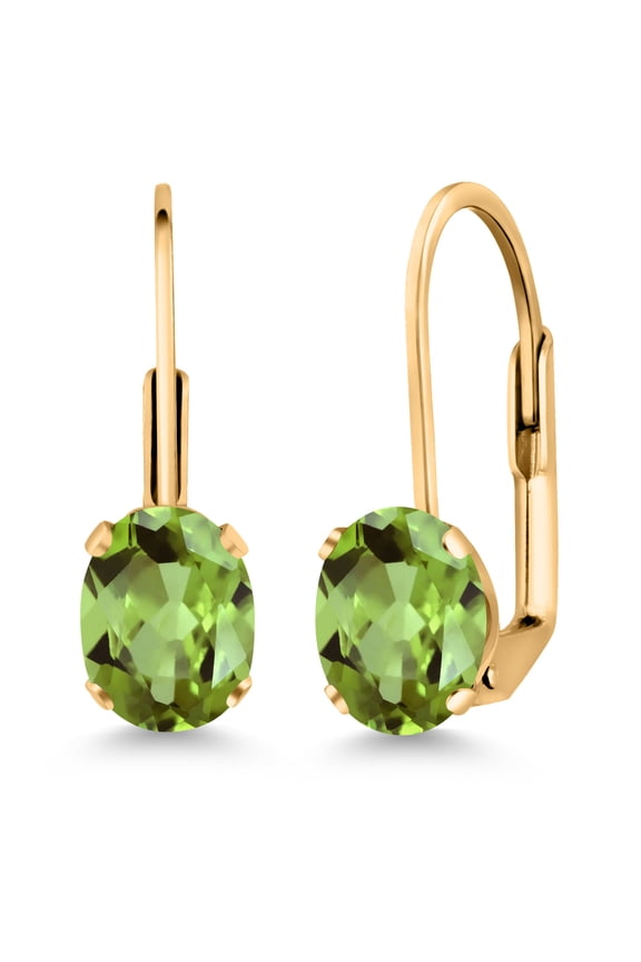 Green Peridot Yellow Gold Plated Leverback Earrings for Women (1.80 Cttw, Gemstone August Birthstone, Oval 7X5MM)